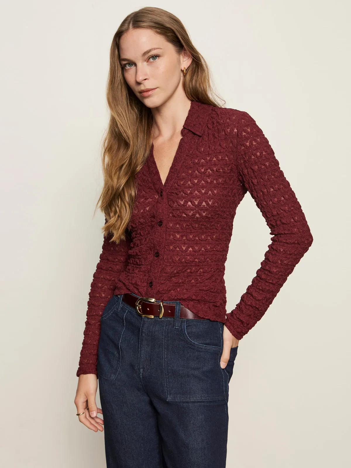 Seasonal Outfit Dreamgirl Lace Button Up Top Night Berry