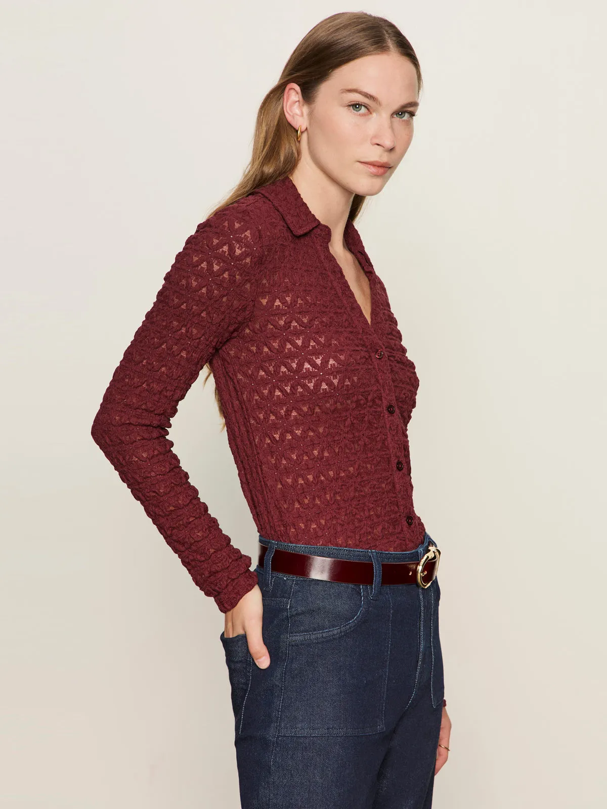 Dreamgirl Lace Button Up Top Night Berry Collared formality Relaxed Wearable