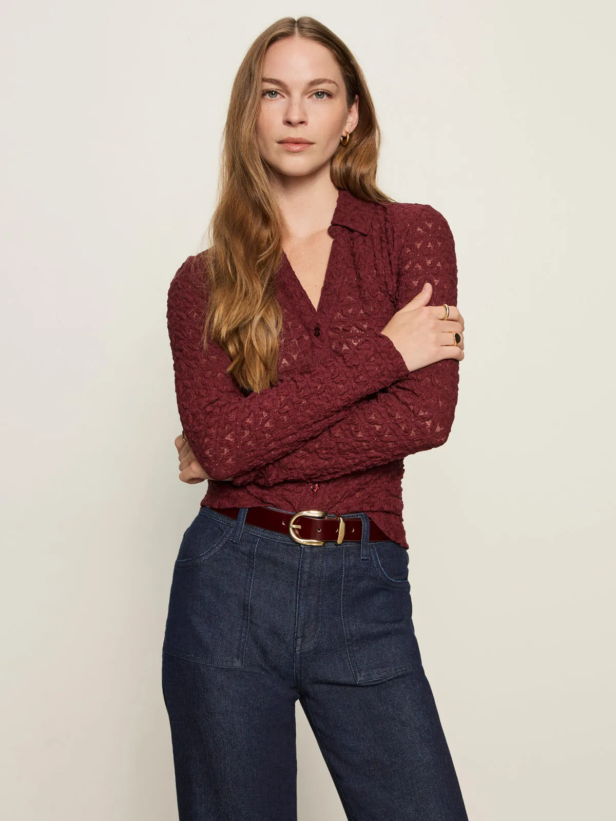 Dreamgirl Lace Button Up Top Night Berry Sports Apparel Active Look
