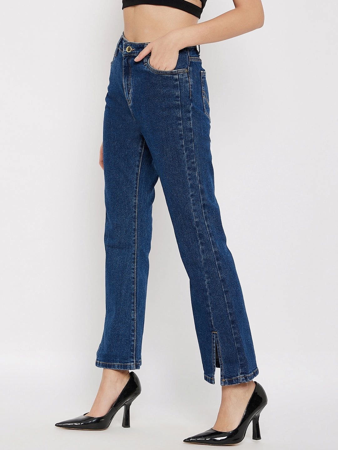 Comfortable fit Madame Mid-Rise Front Slit Dark Wash Jeans