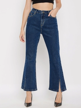 Madame Mid-Rise Front Slit Dark Wash Jeans Party Look Luxury Fray Resistant Hem
