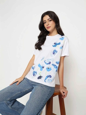 Madame Abstract Print Half Sleeve White Cotton T-shirt Smart Casual Look Layering Fashion