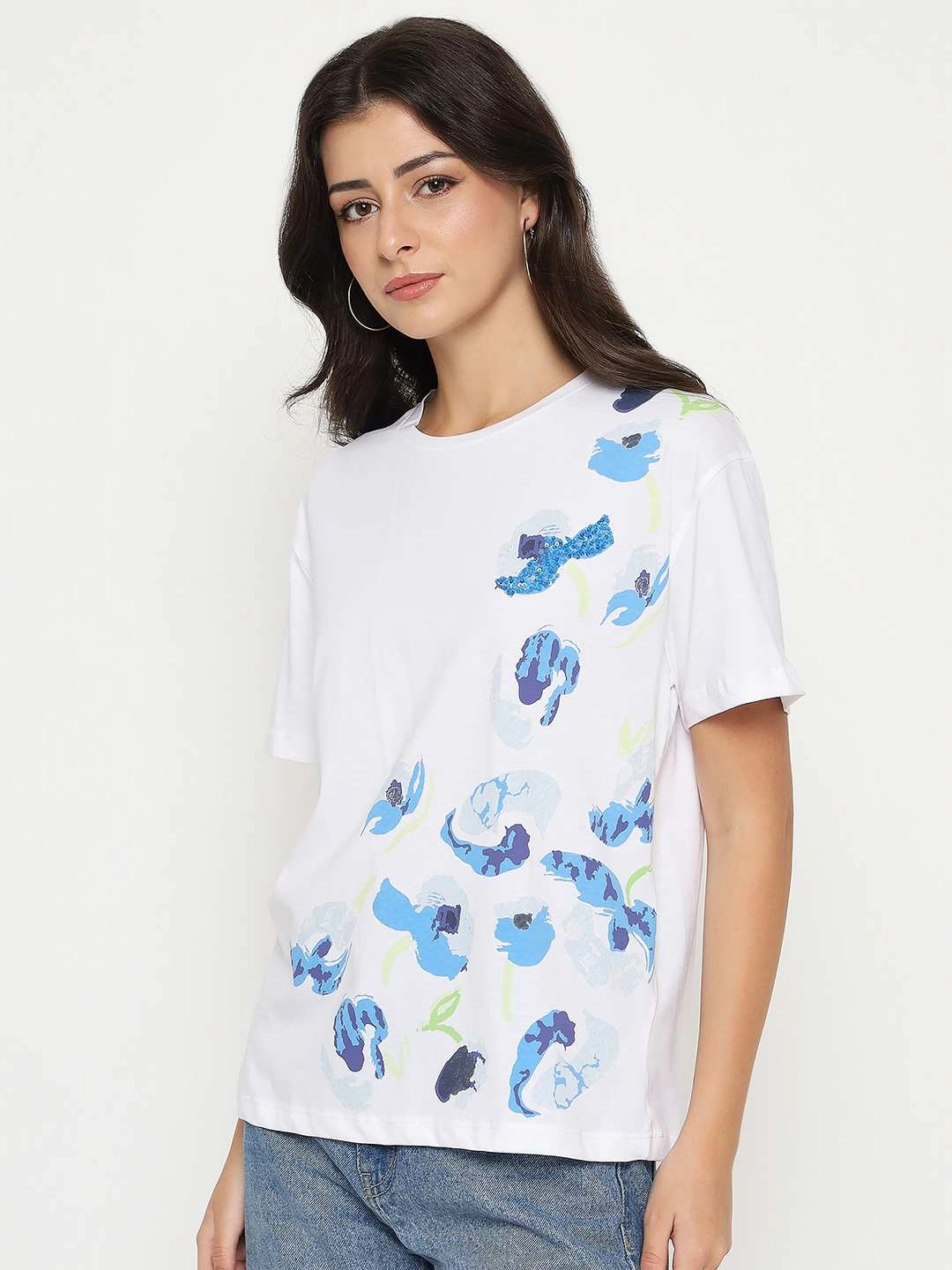 Fit For Comfort Madame Abstract Print Half Sleeve White Cotton T-shirt