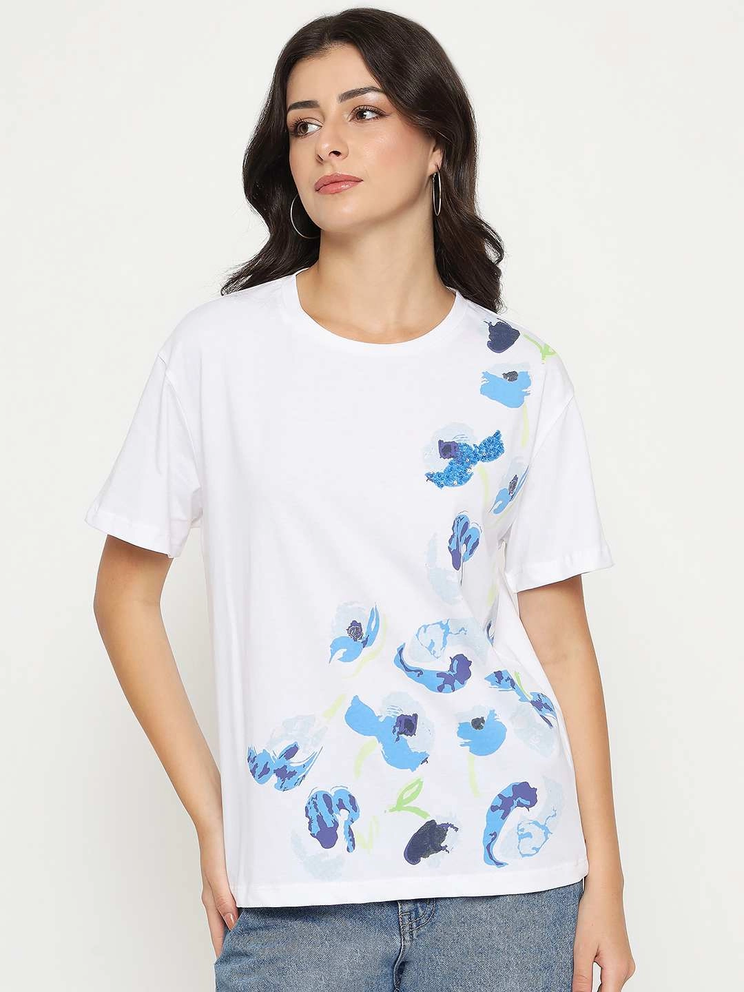 Comfort and Fit Madame Abstract Print Half Sleeve White Cotton T-shirt