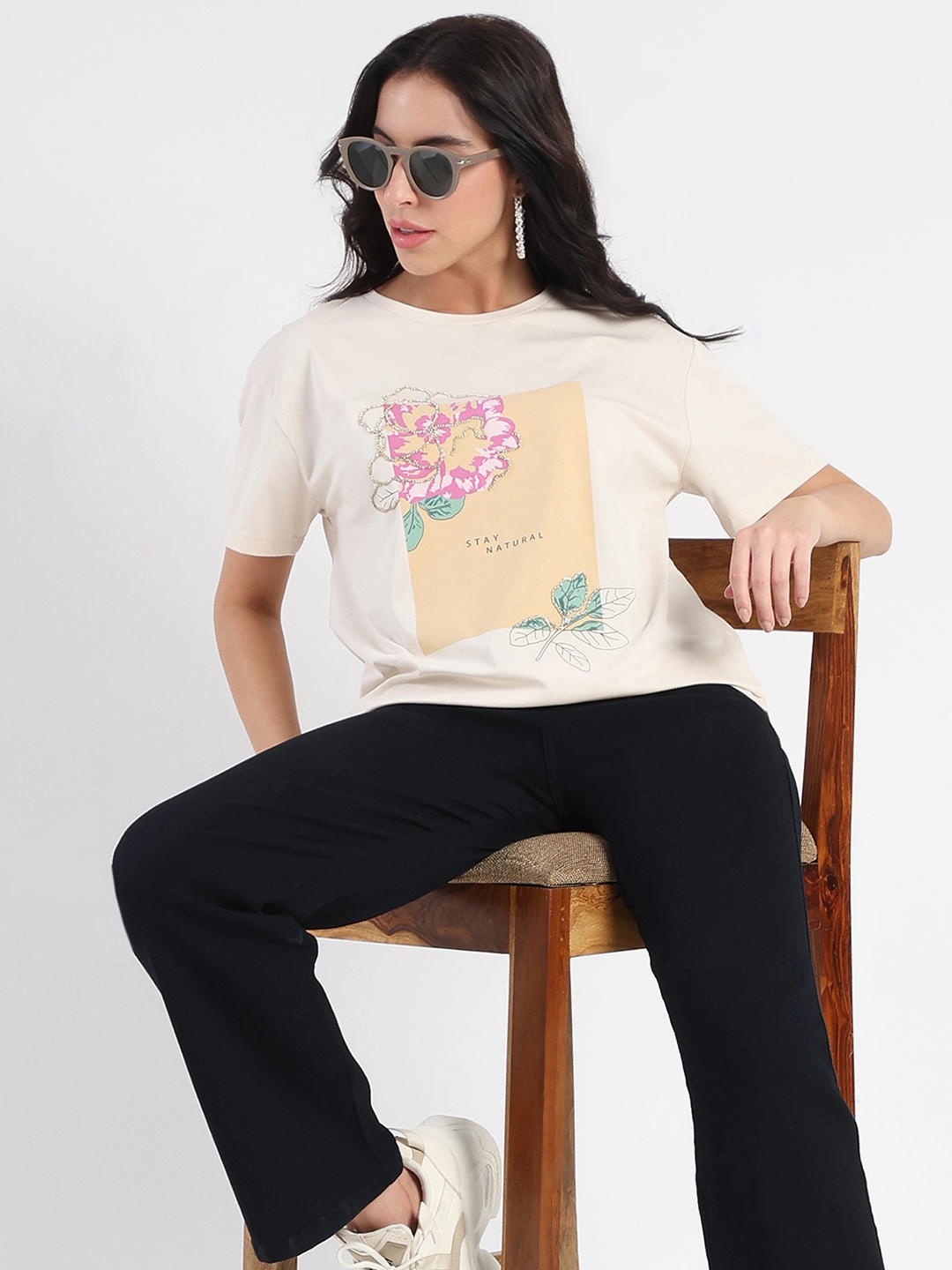 Madame Graphic Print Beige Cotton Blend T-shirt Sleek Performance Fit