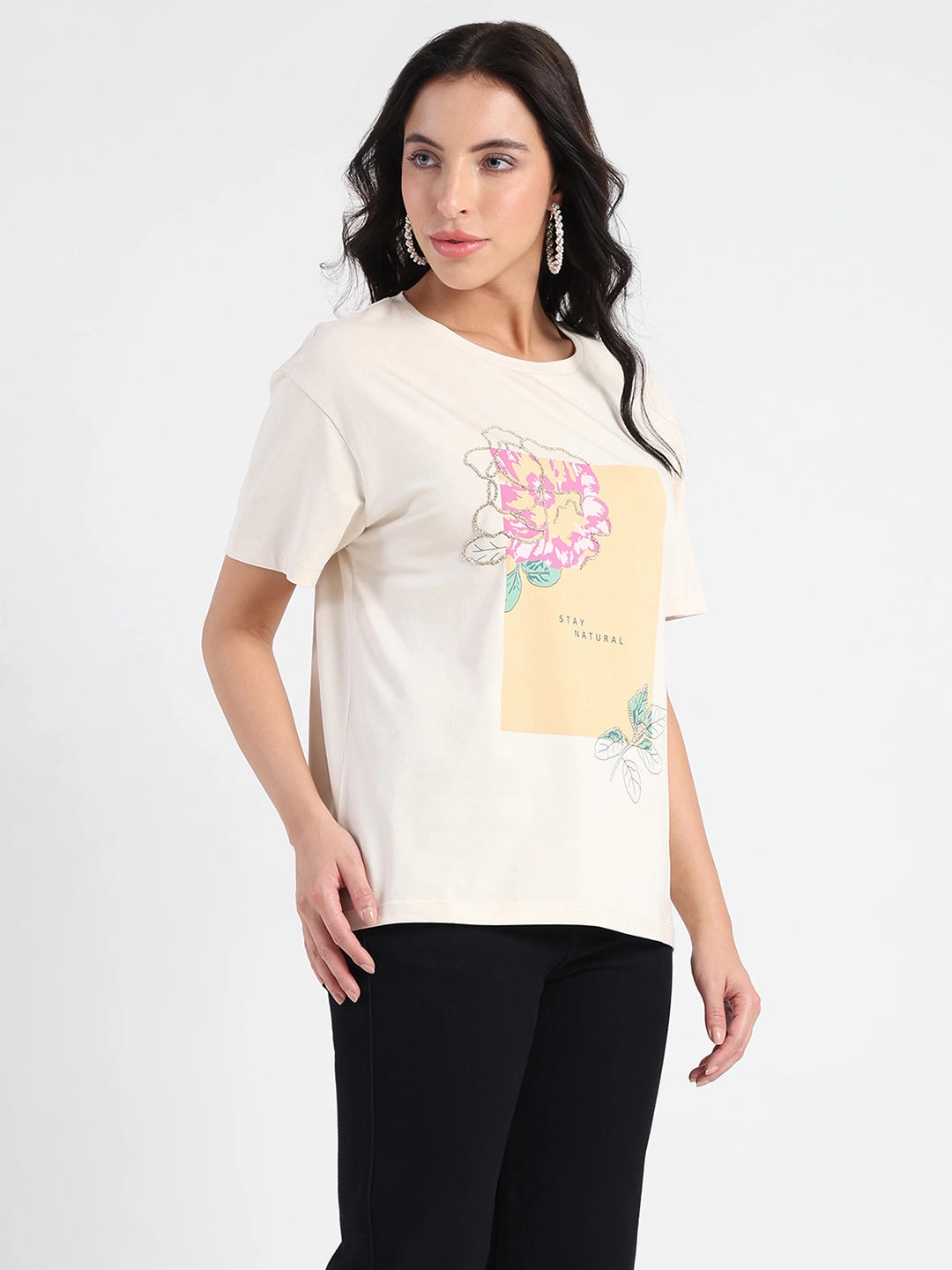 Madame Graphic Print Beige Cotton Blend T-shirt Perfect Comfort Wear