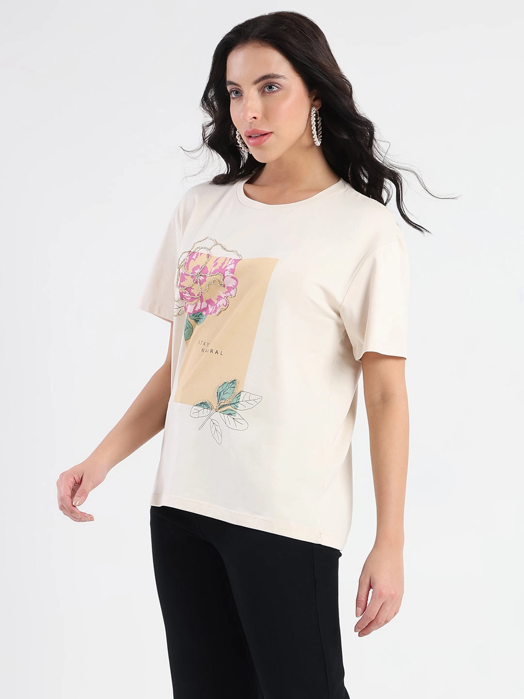Madame Graphic Print Beige Cotton Blend T-shirt Modern Outfit