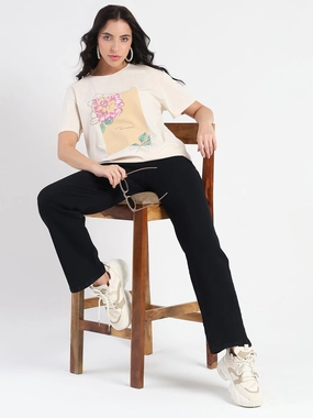 BreathableMeshLining Madame Graphic Print Beige Cotton Blend T-shirt