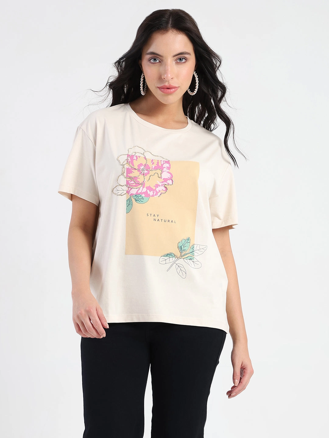 Casual layering piece Madame Graphic Print Beige Cotton Blend T-shirt