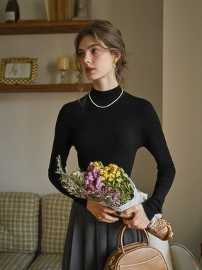 Erin 100% Wool Simple Mock Neck Slim Fit Sweater - Black MultiDirectional Flexibility