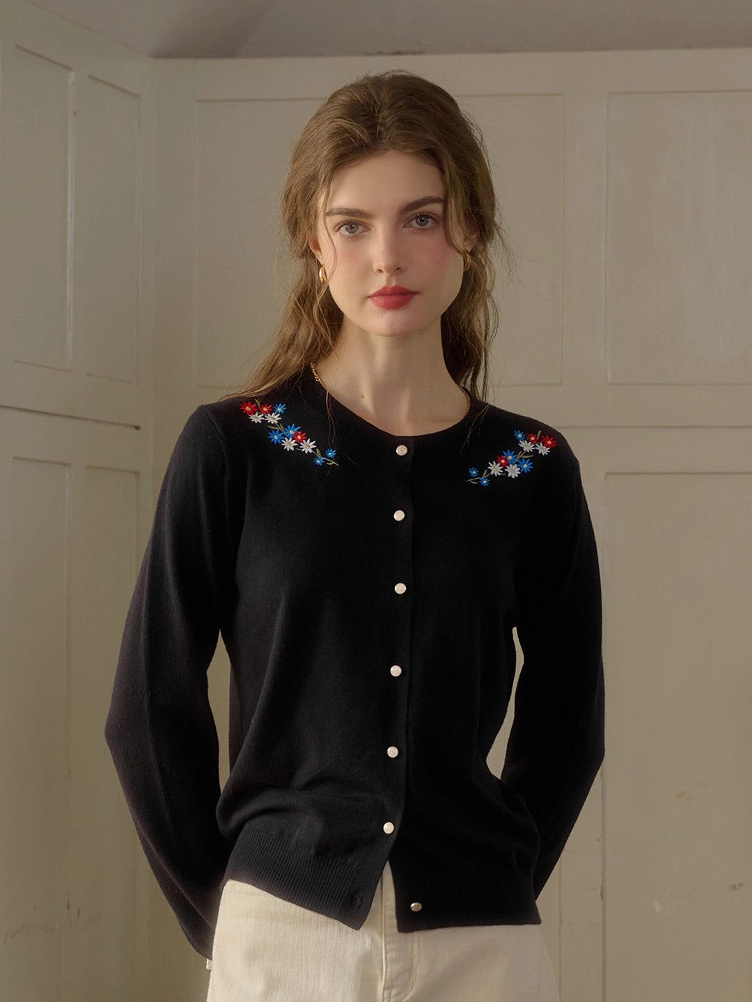 Unstructured Fit Daisy Round Neck Embroidered Cardigan