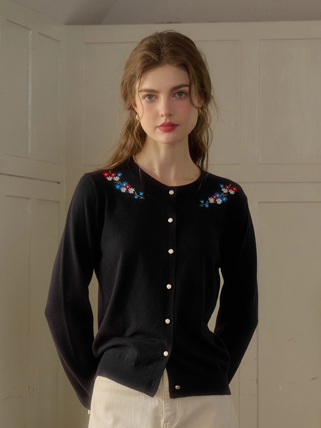 Daisy Round Neck Embroidered Cardigan Lounge Outfit Tagless Design
