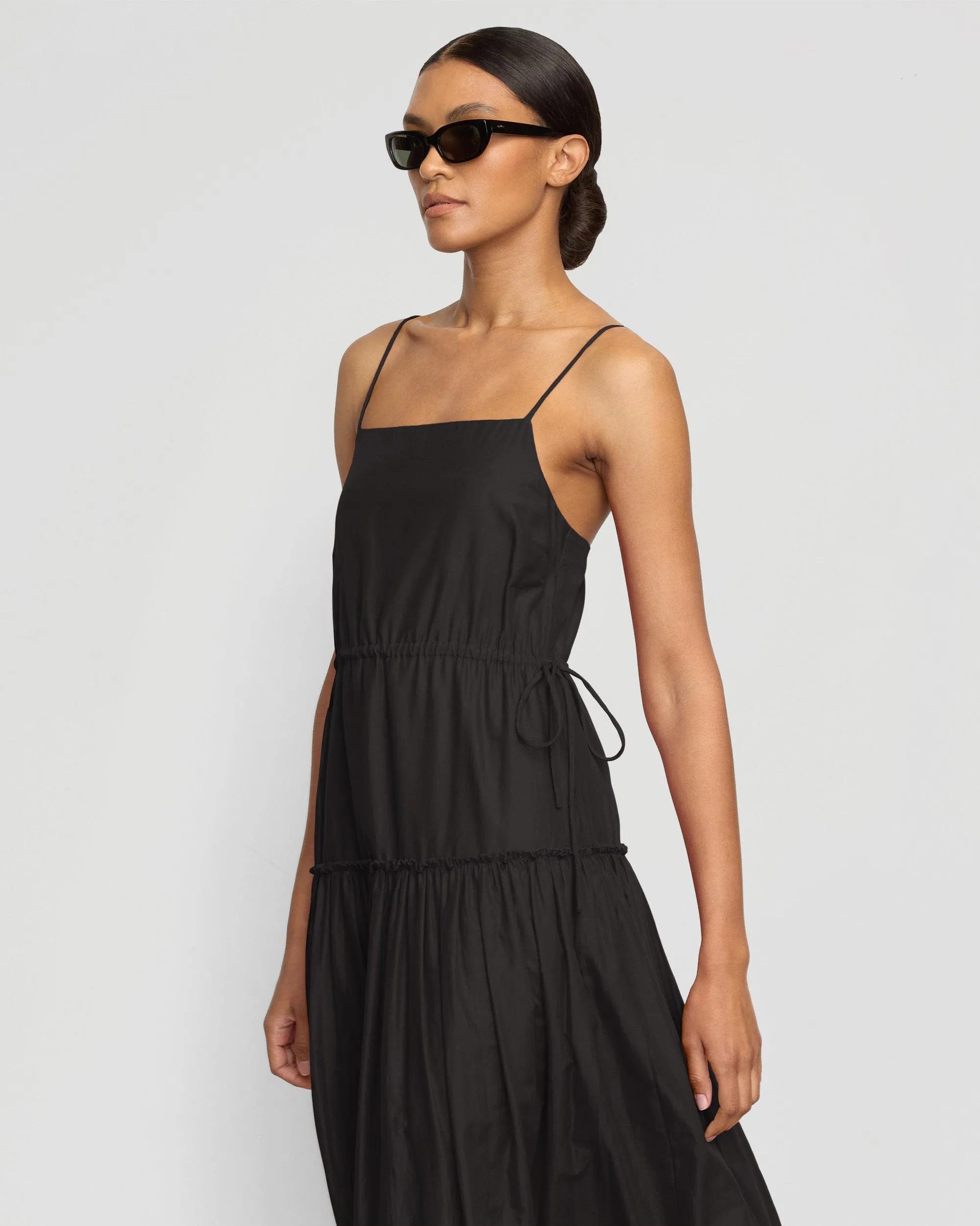 Bright-Hue Dalia Tie-Waist Tiered Organic Cotton Dress