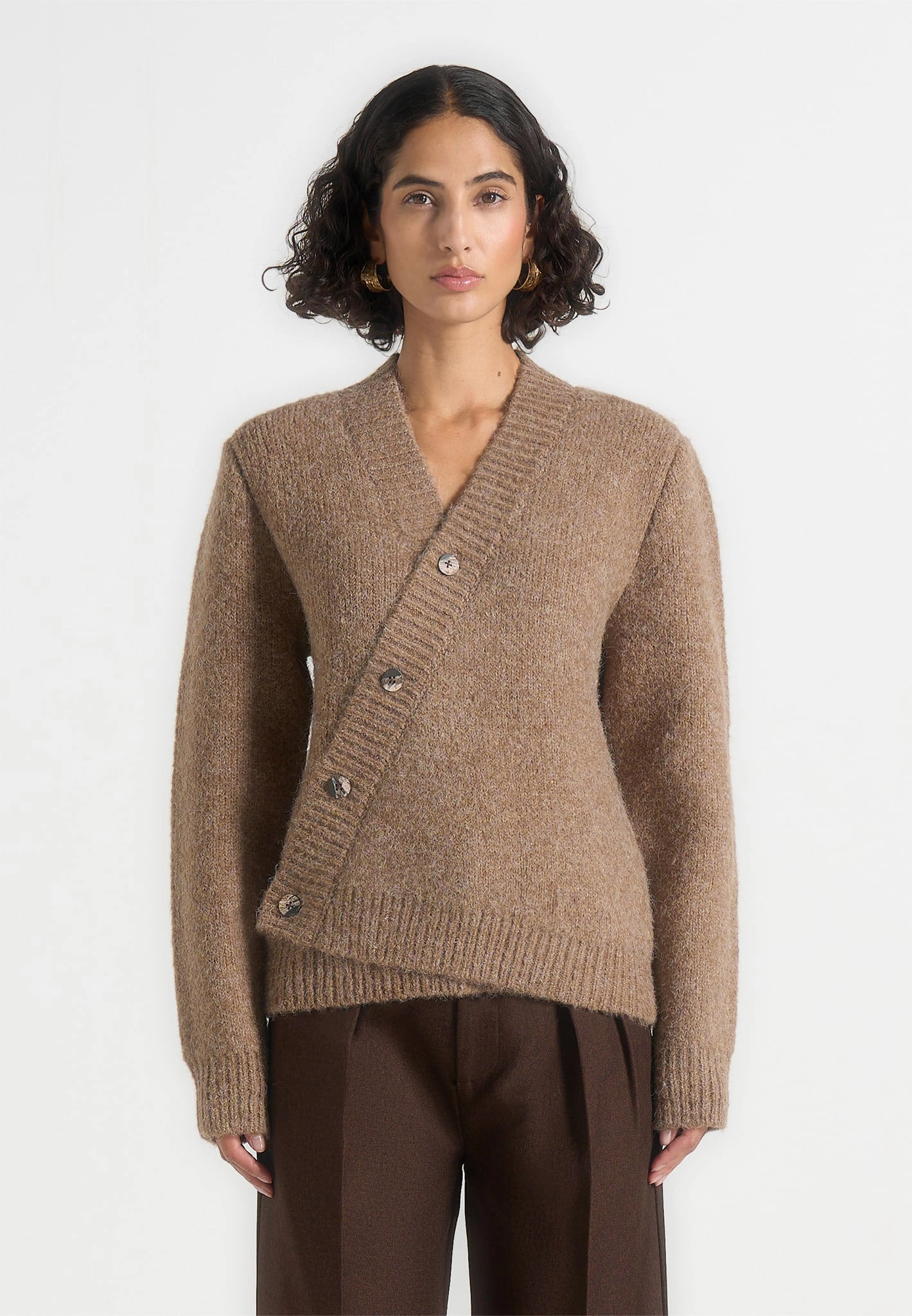 Dani - Unisex Asymmetric Brushed Wool Knit Cardigan - Taupe Under Cover Organic Cotton Blend