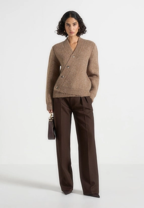 Circular Knit Technology Soft Touch Brushed Surface Dani - Unisex Asymmetric Brushed Wool Knit Cardigan - Taupe