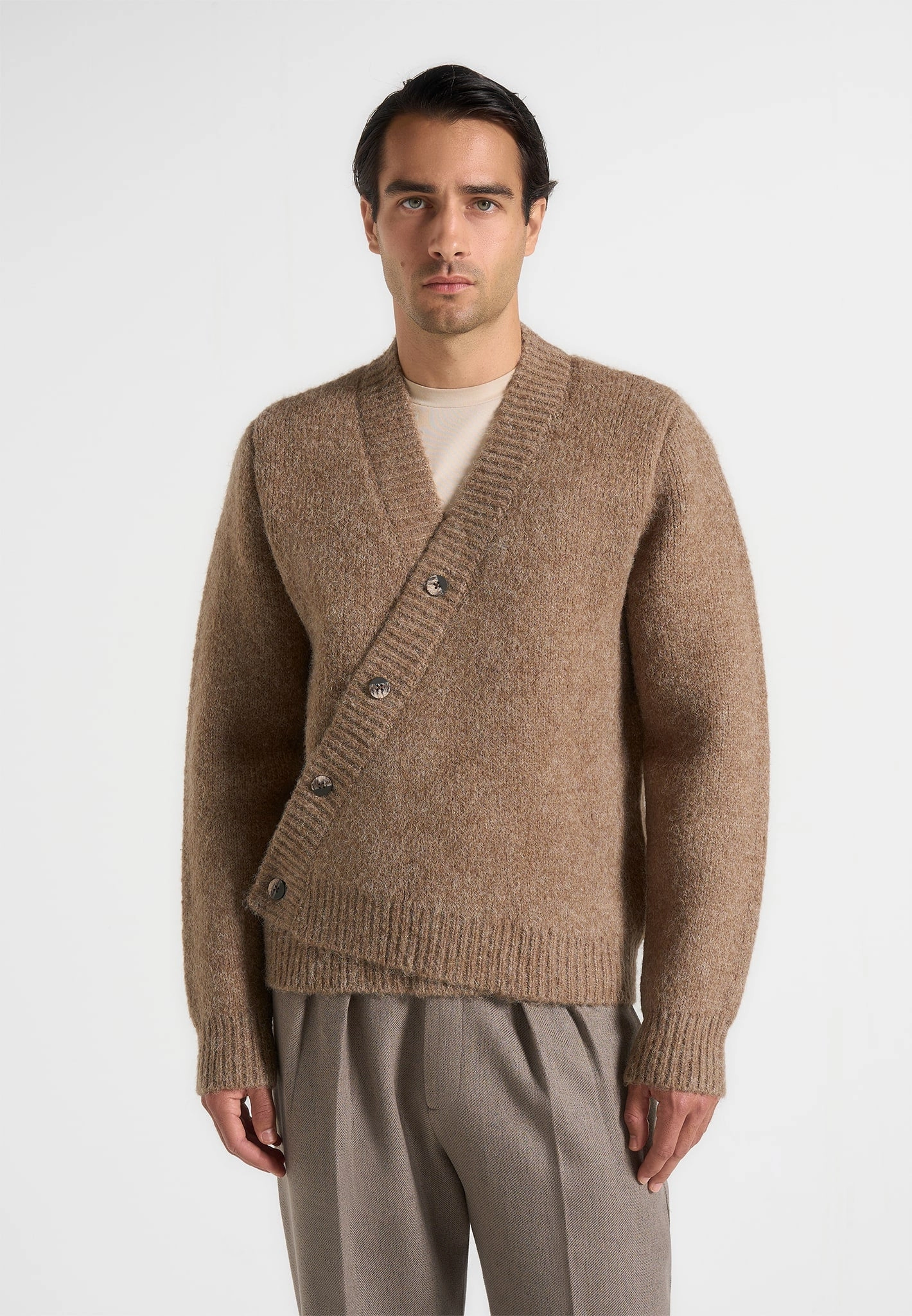 Wrinkle Recovery Fabric Calm Tones Dani - Unisex Asymmetric Brushed Wool Knit Cardigan - Taupe