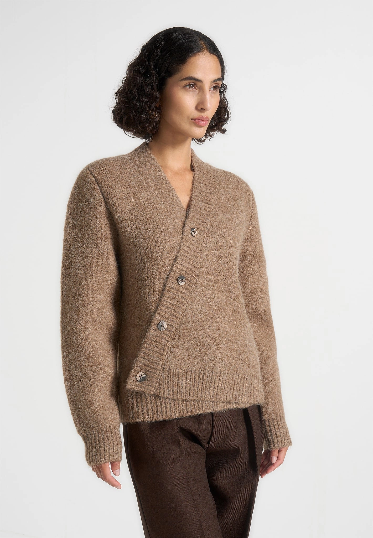 Soft Finish Drop Shoulder Cut Dani - Unisex Asymmetric Brushed Wool Knit Cardigan - Taupe