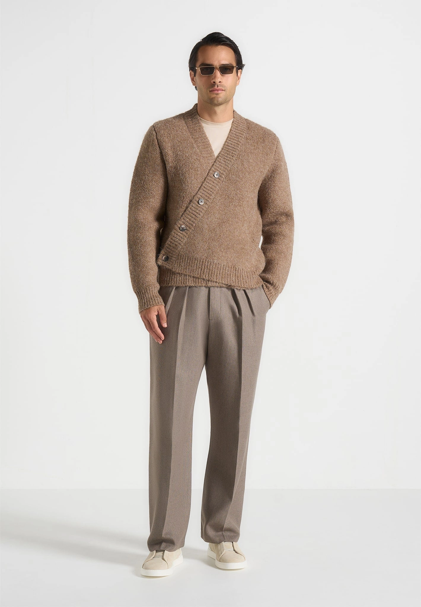Dani - Unisex Asymmetric Brushed Wool Knit Cardigan - Taupe Seasonal Trend Wearable Basic