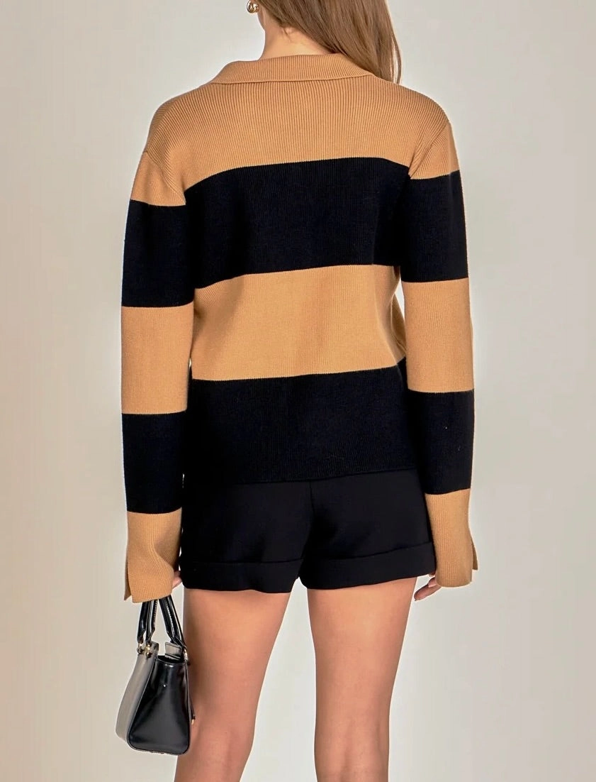 Dani Striped Collared Sweater Dimensional Jacquard Weave