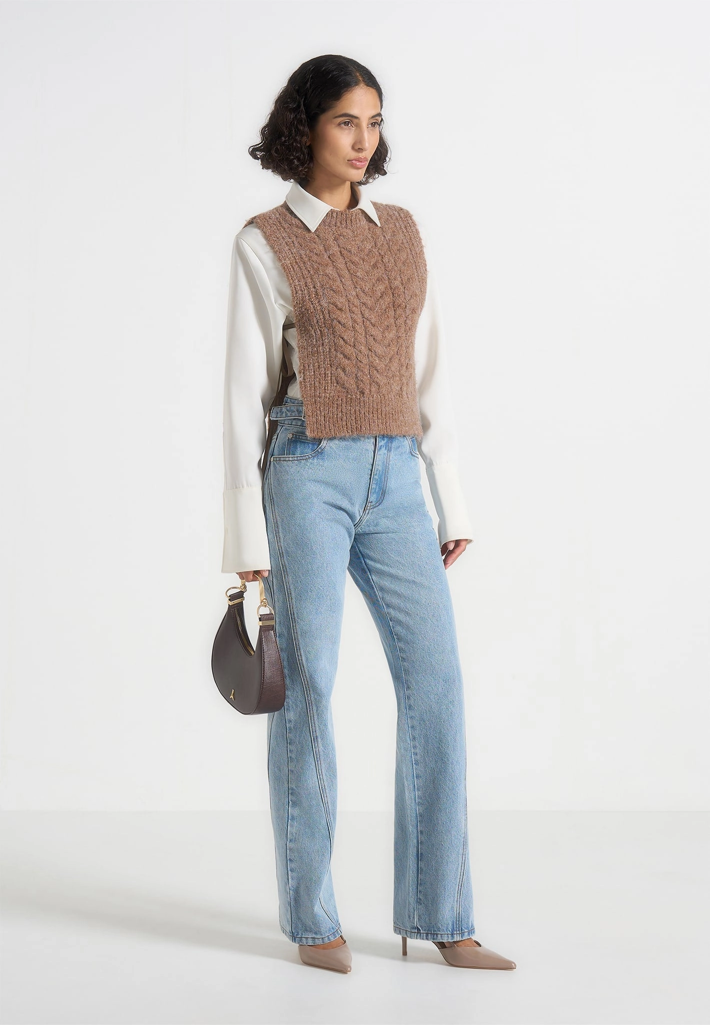 Anti Pilling Finish UV Protection Finish Danya - Wool Cable Knit Vest With Ties - Taupe