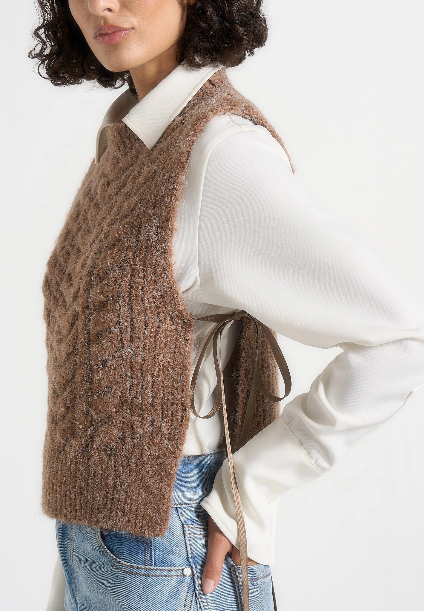 Danya - Wool Cable Knit Vest With Ties - Taupe Cozy Mood