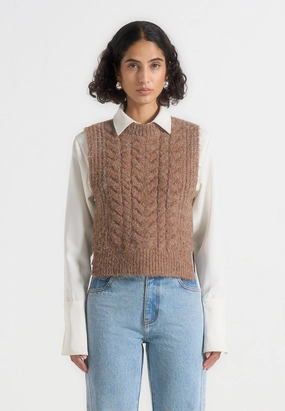 Gentle Tone Danya - Wool Cable Knit Vest With Ties - Taupe