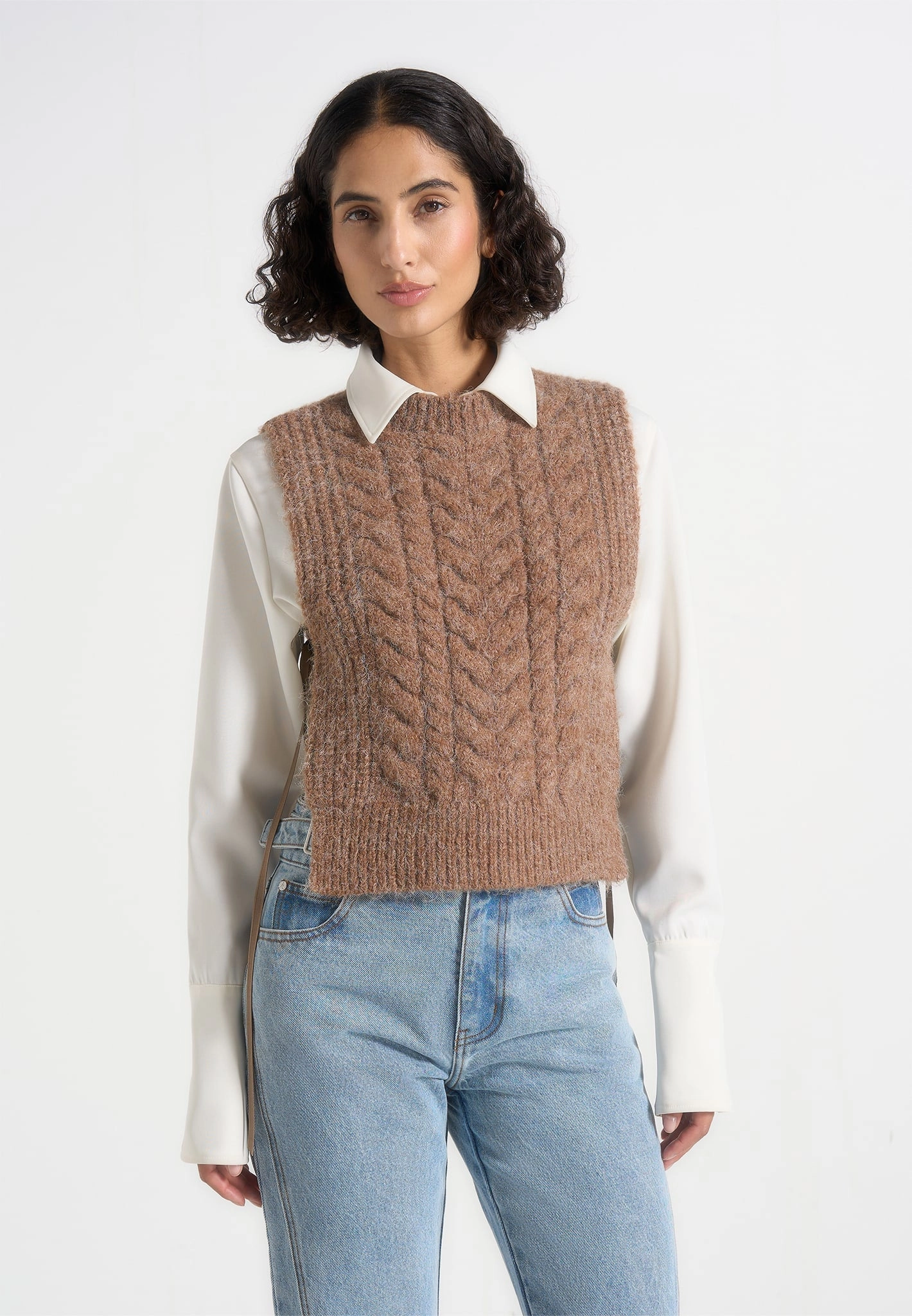 Breathable Yarn No Stress Danya - Wool Cable Knit Vest With Ties - Taupe
