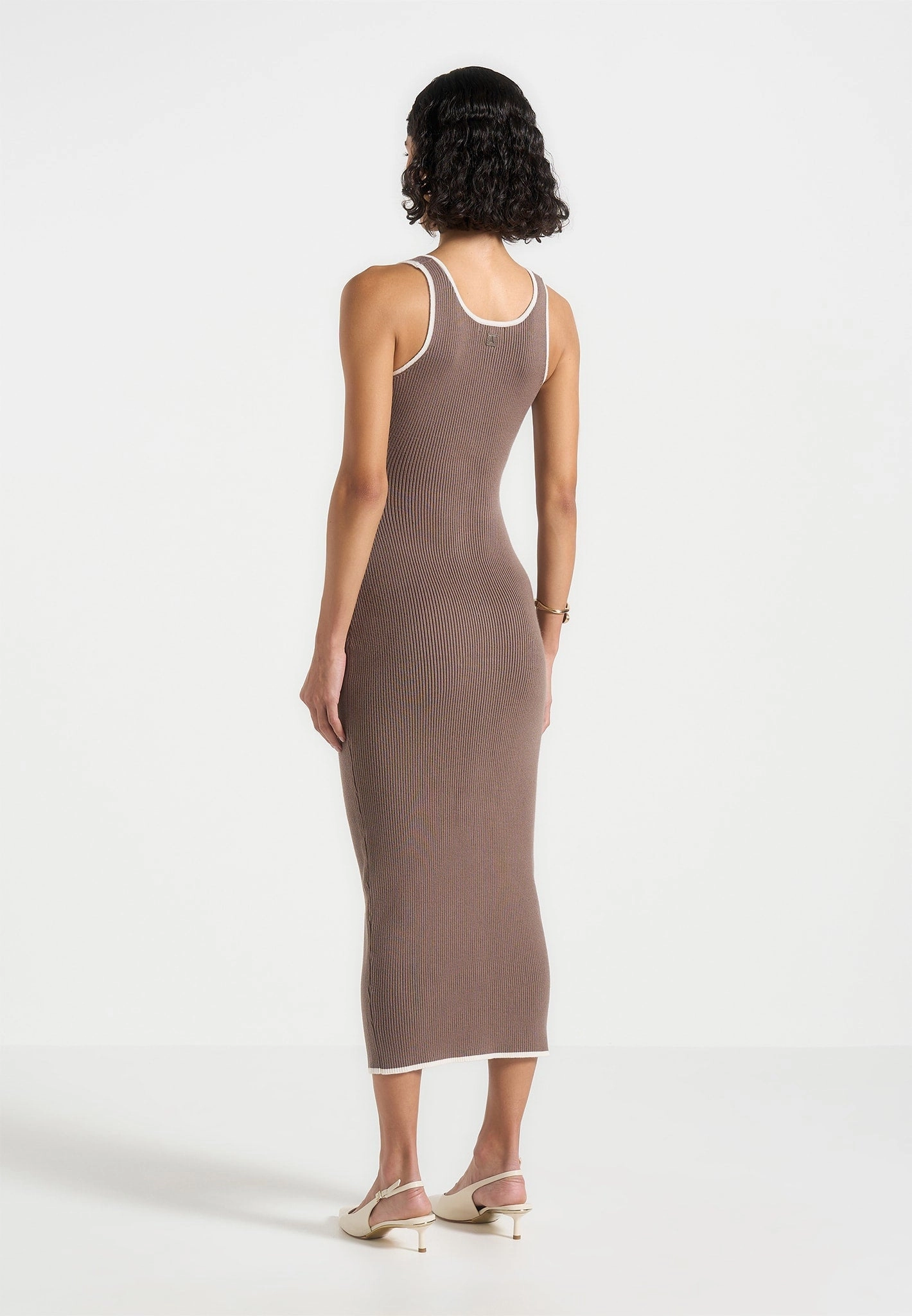 Daphne - Rib Knit Contrast Midaxi Dress - Brown/Cream ribbed texture