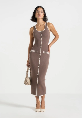 Cold Comforted Weekend Style Daphne - Rib Knit Contrast Midaxi Dress - Brown/Cream
