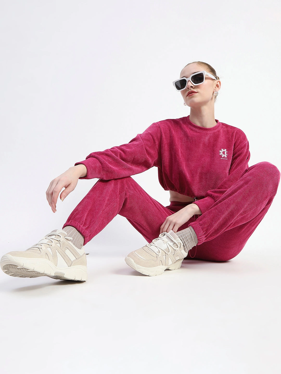 Madame Pink Elasticated Waist Crop Sweatshirt And Bottom Co-Ord Set Color Soft