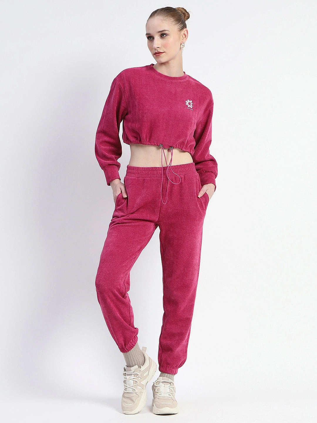 Madame Pink Elasticated Waist Crop Sweatshirt And Bottom Co-Ord Set Lightweight Wear