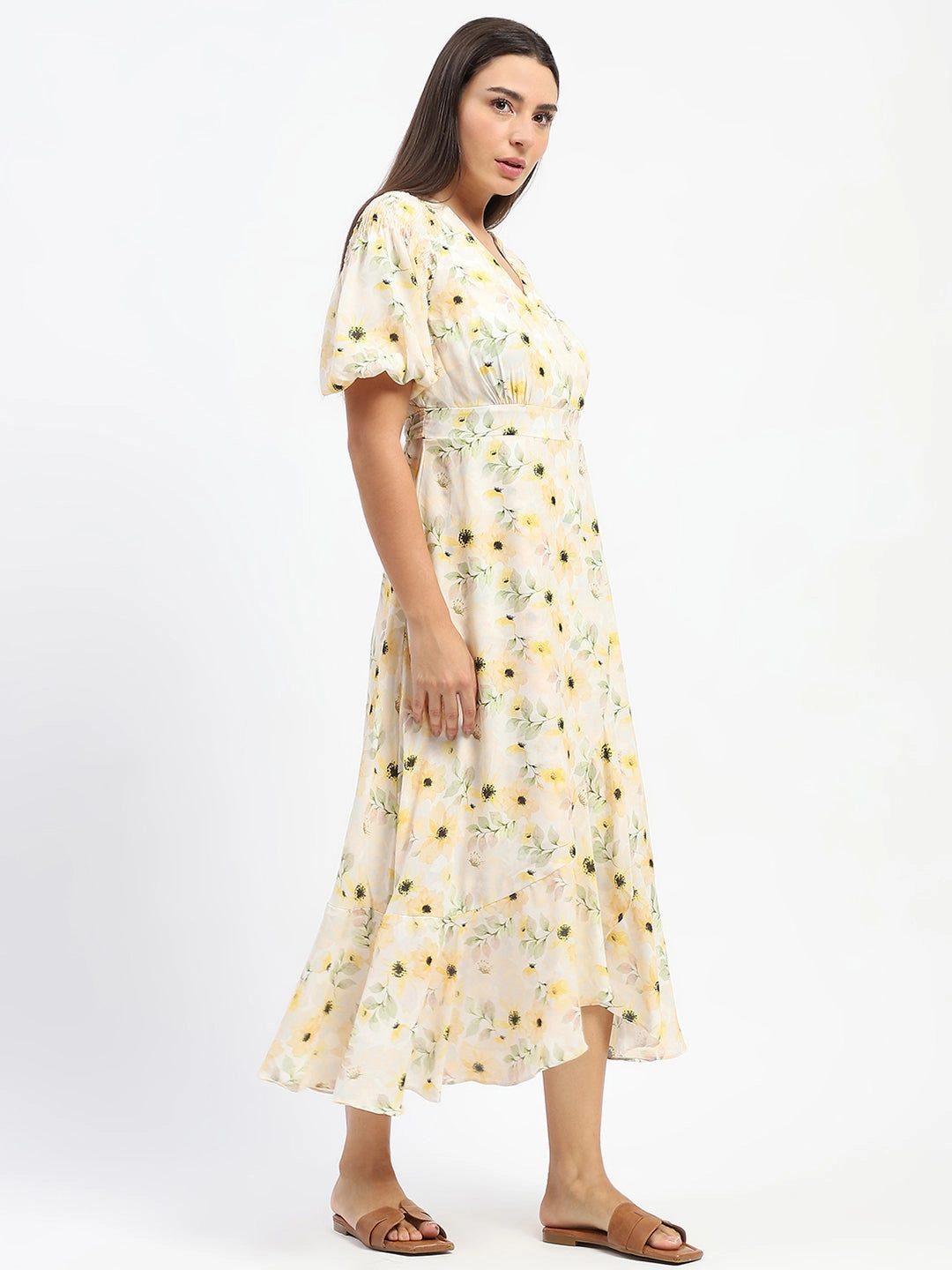 Vintage Style Soft Comfort Madame Floral Print Wrap Detailed Yellow Maxi Dress