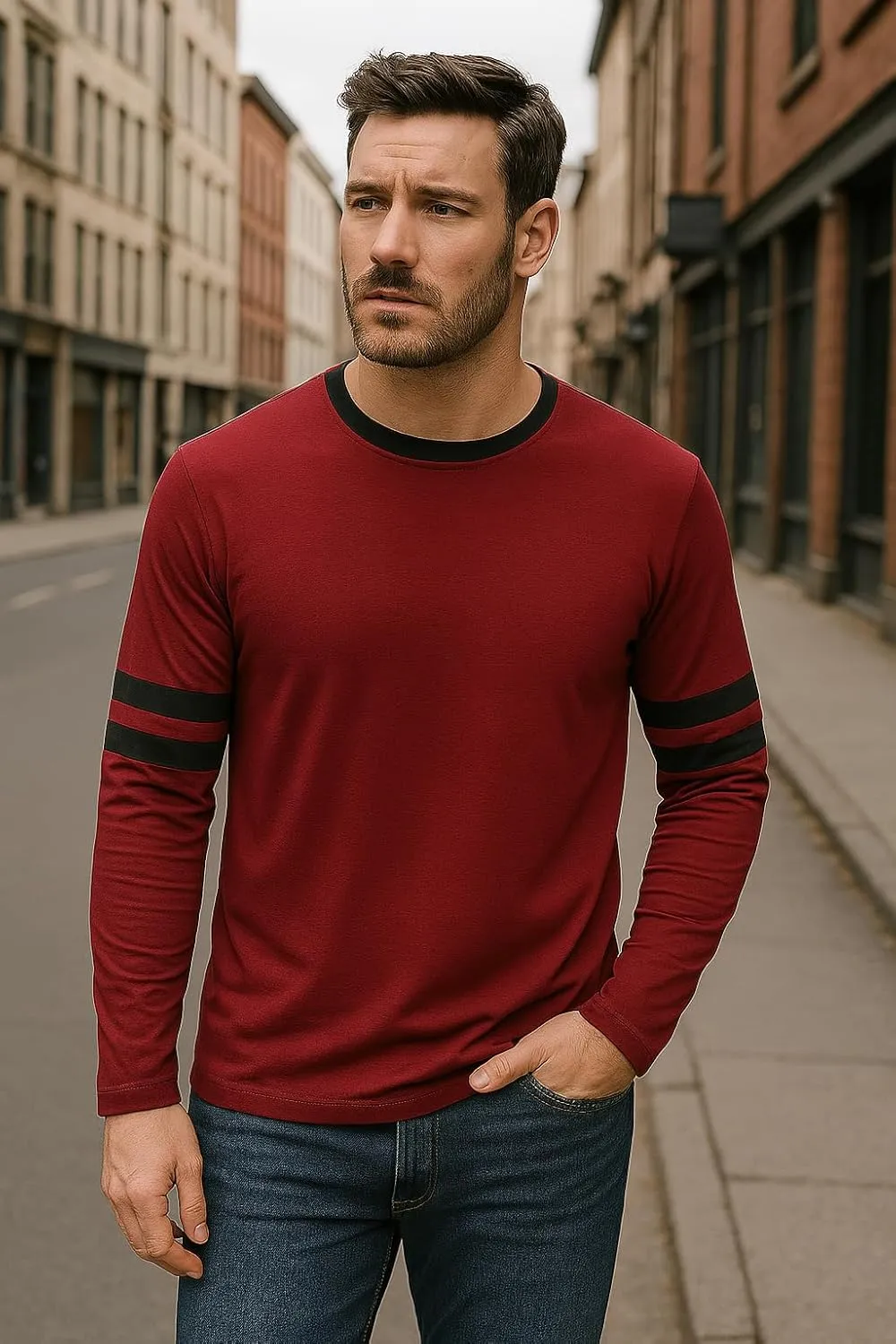 Decrum Mens Long Sleeve Shirts - Soft Comfy Casual Round Neck Full Sleeves Ringer Tee Men