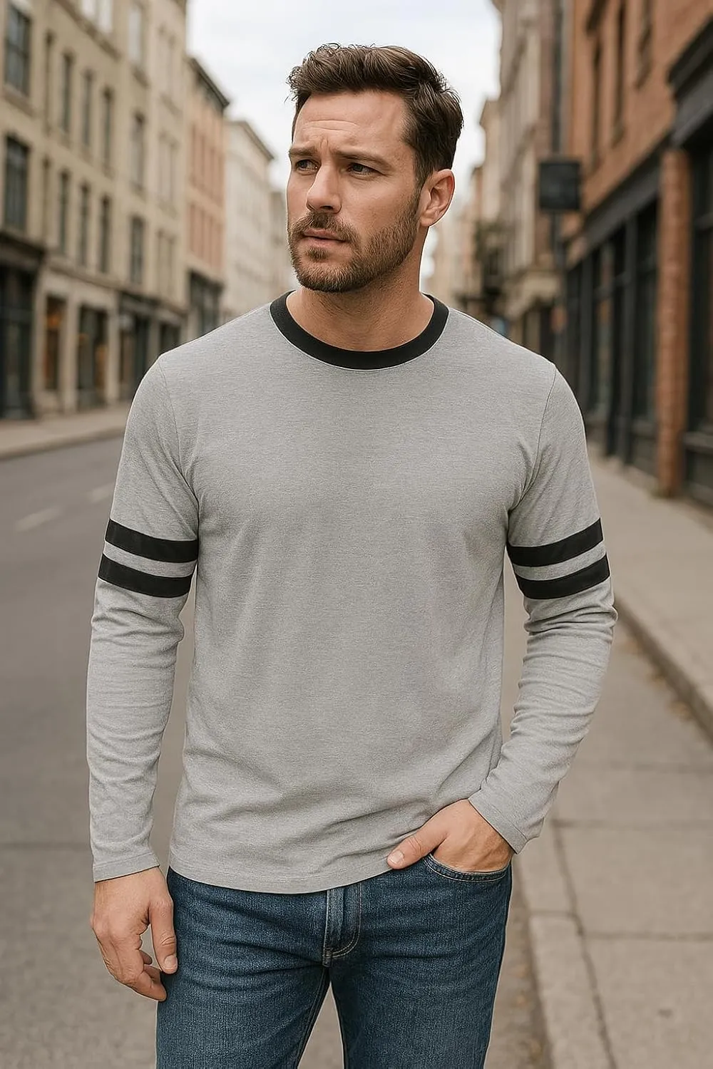 Decrum Mens Long Sleeve Shirts - Soft Comfy Casual Round Neck Full Sleeves Ringer Tee Men
