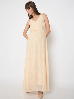 Madame Golden Buckled Strap Self Design Beige Maxi Dress Chic Wear Comfortable travel dress
