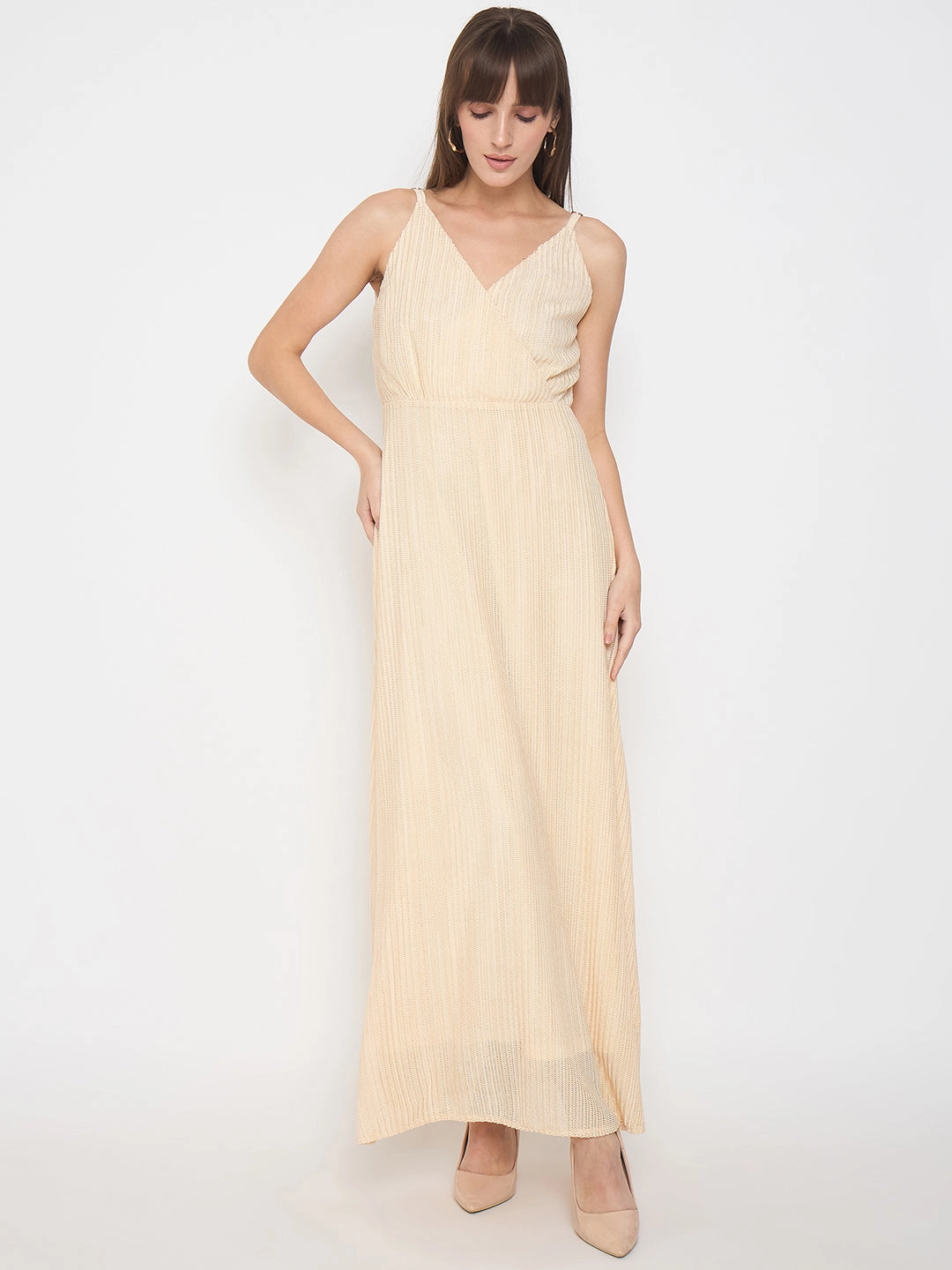Madame Golden Buckled Strap Self Design Beige Maxi Dress Bright Accent Versatile Style Wear