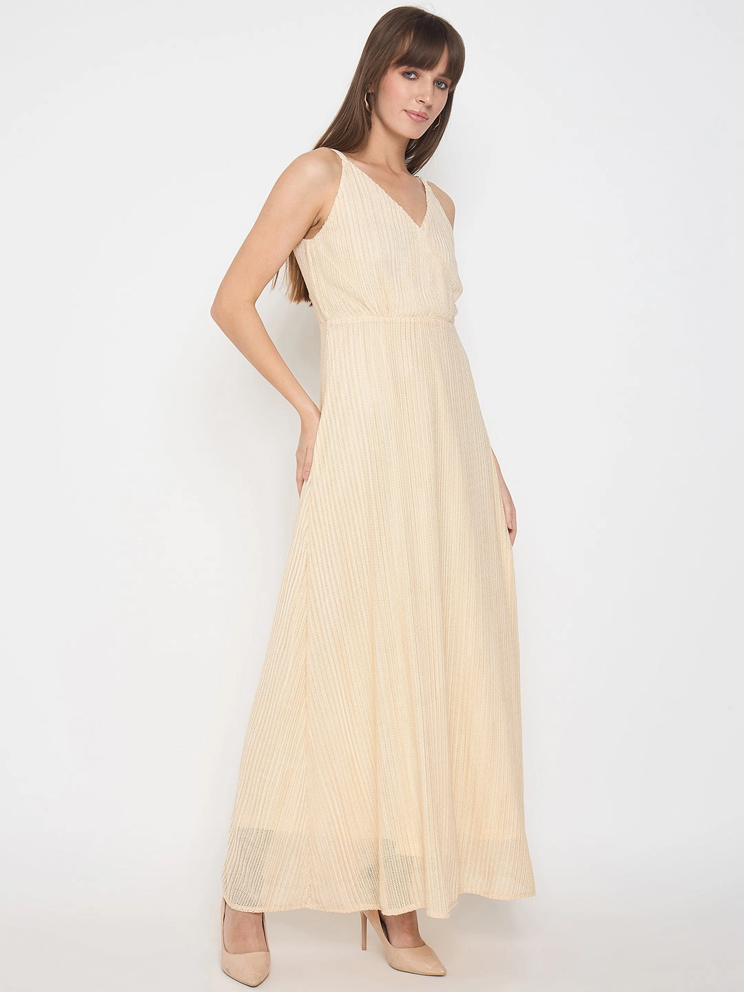 Madame Golden Buckled Strap Self Design Beige Maxi Dress Lounge Moment Mesh-Sleeve
