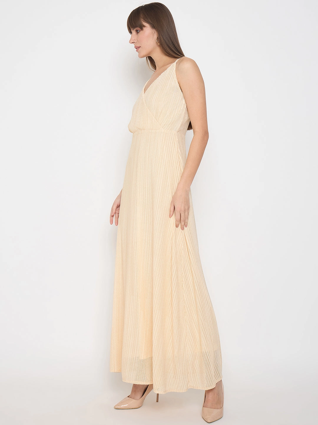 Madame Golden Buckled Strap Self Design Beige Maxi Dress Understated Glam Basic Mood