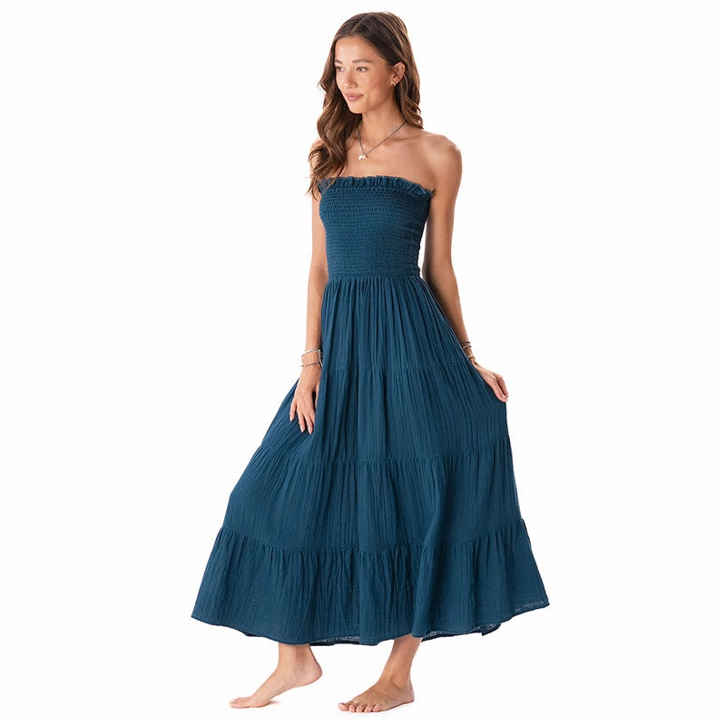 Deep Teal Cotton Mai Tai Strapless Maxi Dress Knee Length Breezy Look