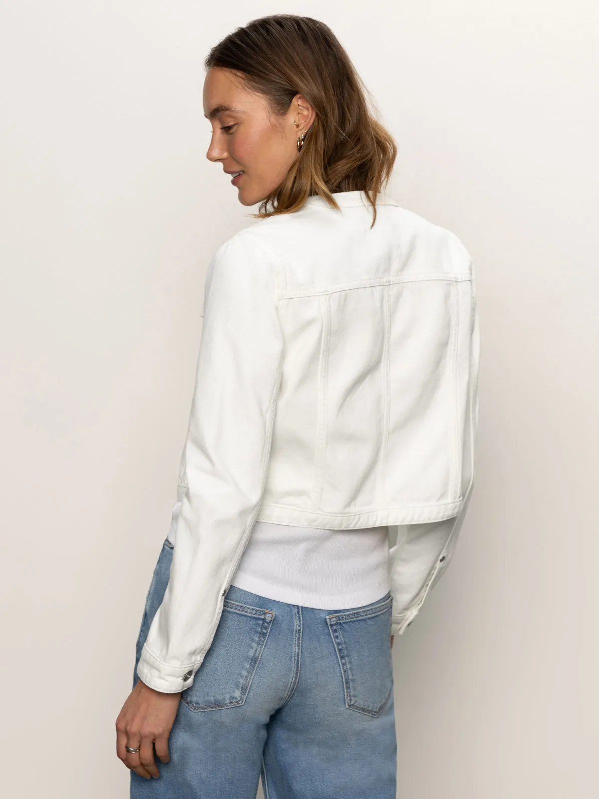 Denim Collarless Lady Jacket White Sustainable Weekend Getaway