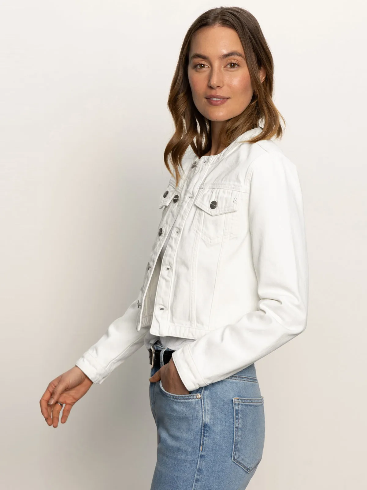 Denim Collarless Lady Jacket White Artist Vibe Comfy Softened Denim Material