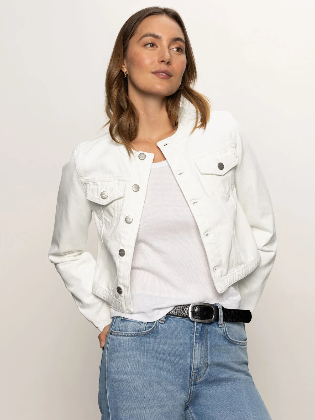 Denim Collarless Lady Jacket White Home Comfort Party Look Modern Minimalist Unisex Wear Artist Vibe