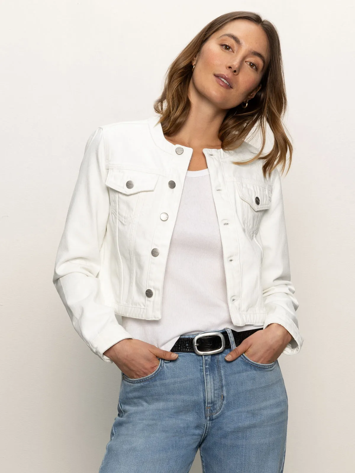 Modern Winter Warmth Loose Denim Collarless Lady Jacket White