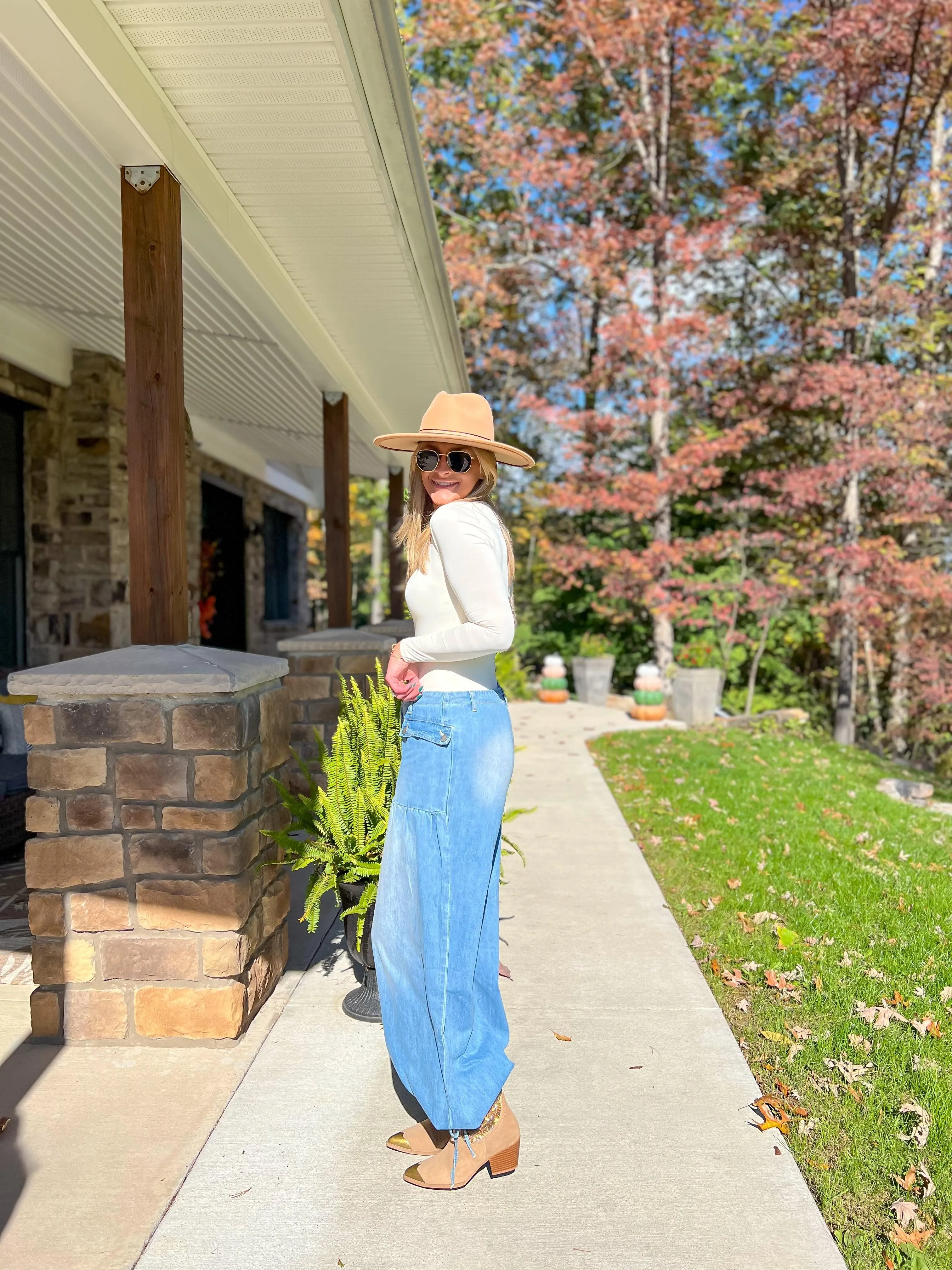 Denim Drawstring Ankle Wide Leg Maxi Pants