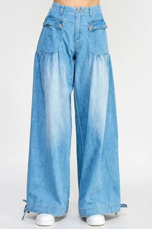 Denim Drawstring Ankle Wide Leg Maxi Pants