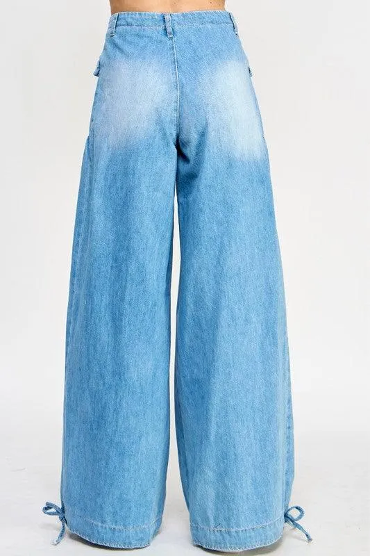 Denim Drawstring Ankle Wide Leg Maxi Pants
