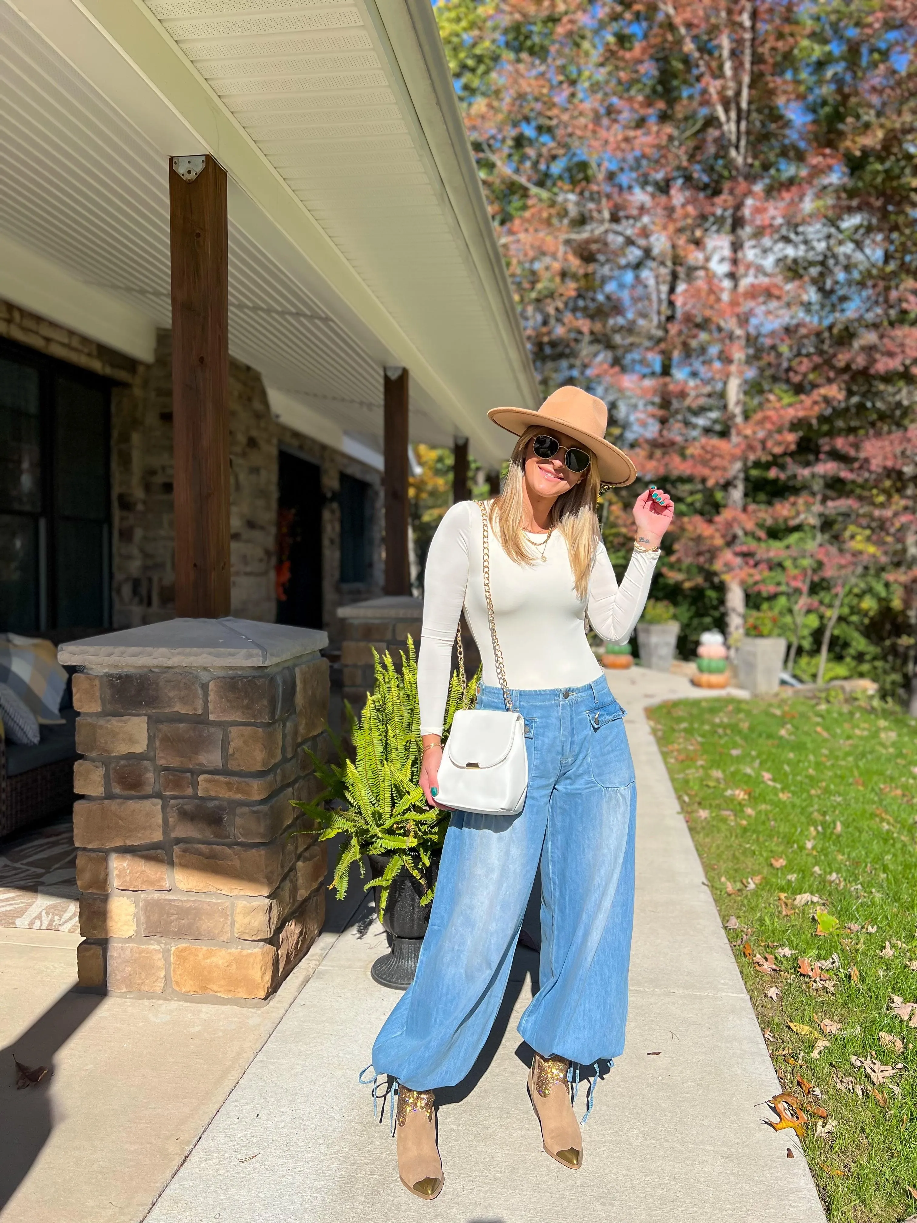 Denim Drawstring Ankle Wide Leg Maxi Pants