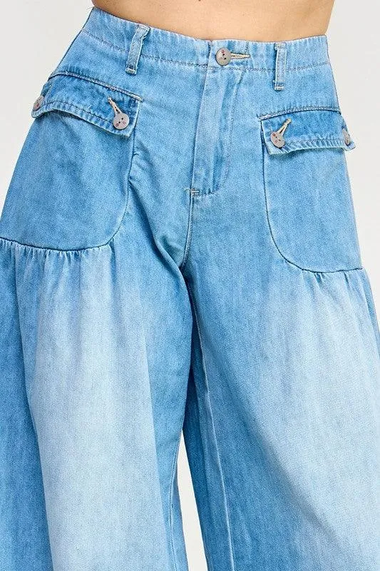 Denim Drawstring Ankle Wide Leg Maxi Pants