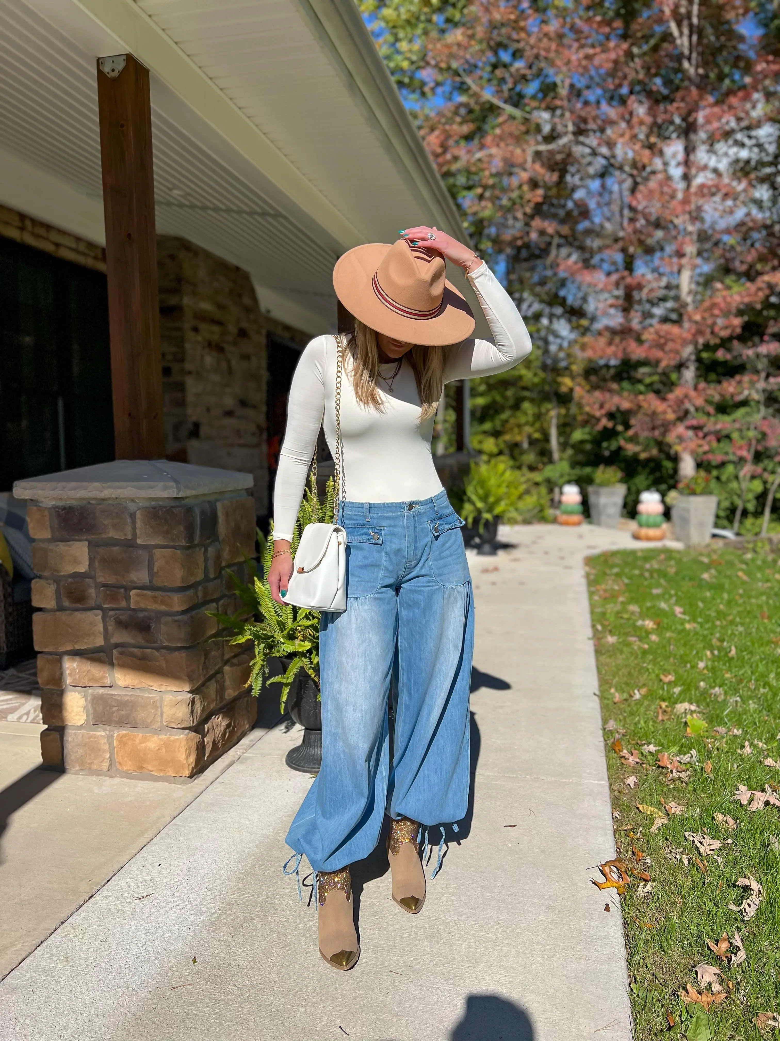 Denim Drawstring Ankle Wide Leg Maxi Pants