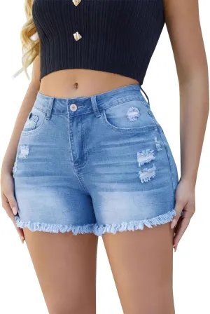 Denim Shorts Women Ripped Cutoffs Frayed Hem Stretch Jean Short Casual Mid Waist Stretchy Denim Short with Pockets